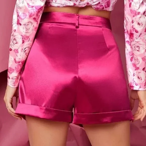 Pink Satin Wide Leg High Waist Shorts - Picture 4 of 8